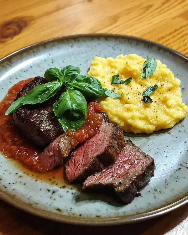 Recette italienne de jarret de bœuf mijoté au Chianti et tomates San Marzano, servi avec polenta crémeuse au parmesan
