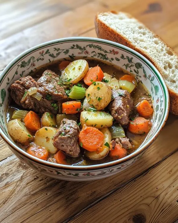 Jarret de bœuf aux légumes rustiques avec carottes, pommes de terre et poireaux dans un bouillon fondant, plat familial réconfortant.