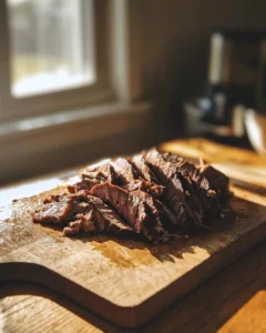 Langue de bœuf tranchée maison sur planche en bois - recette traditionnelle française
