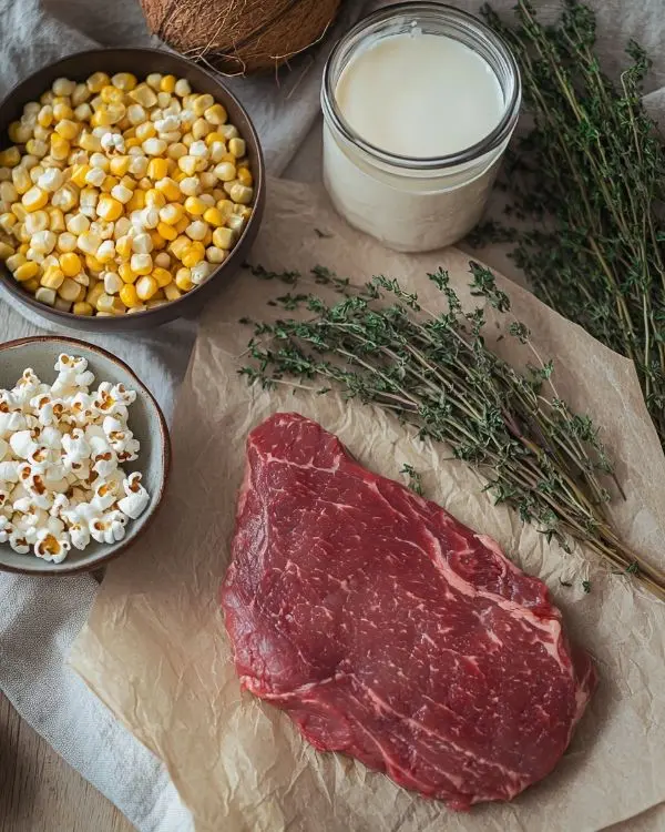 Tataki de Bœuf et Crème de Maïs Brûlé 2 Les ingrédienst pour Tataki de Bœuf, Crème de Maïs Brûlé & Popcorn au Piment Fumé