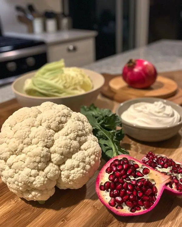 Chou-fleur Rôti Entier Miso-Érable Doré 2 Les ingrédients pour Chou-fleur Rôti Entier Miso-Érable caramélisé, sauce yaourt au tahini et grenade éclatante