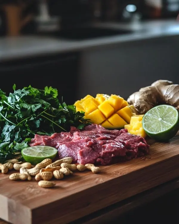 Tartare de Bœuf façon Thaï Explosif 2 Les ingrédients pour Tartare de Bœuf façon Thaï, Mangue Fraîche & Cacahuètes Grillées