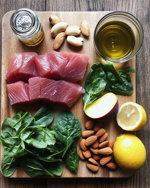 Tartare de Thon Exquis : en 20 Minutes Chrono 2 Les ingrédients pour Tartare de Thon, Vinaigrette à la Pêche Blanche & Verveine, Amandes Effilées