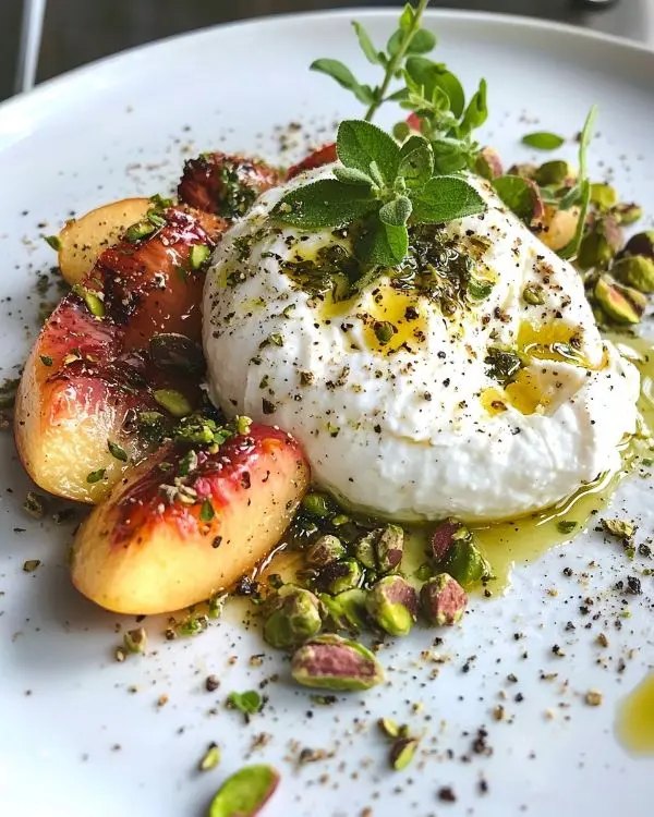 Burrata sur Carpaccio de Pêches Blanches Rôties 3 Recette Burrata sur Carpaccio de Pêches Blanches Rôties au Thym, Vinaigrette à la Verveine & Éclats de Pistaches