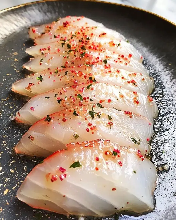 Carpaccio de Bar, Vinaigrette Litchi-Rose & Baies Roses 4 Recette Carpaccio de Bar, Vinaigrette Litchi-Rose