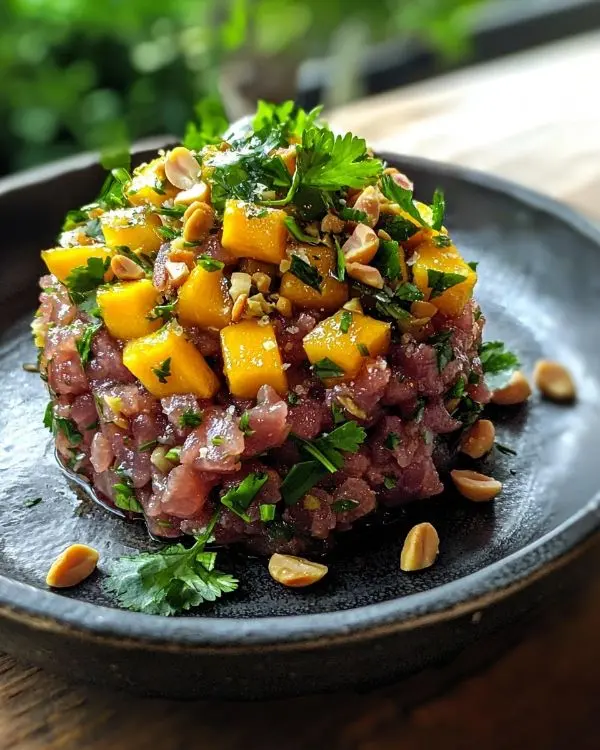 Tartare de Bœuf façon Thaï Explosif 4 Tartare de Bœuf façon Thaï, Mangue Fraîche & Cacahuètes Grillées