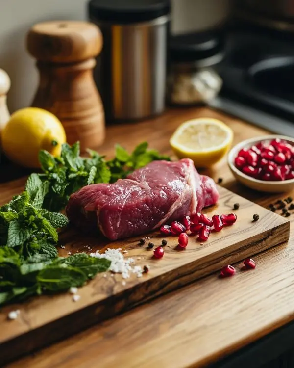 Tataki d'Agneau Purée de Pois Chiches 2 Tataki d'Agneau, Purée de Pois Chiches à la Menthe & Grenade Fraîche