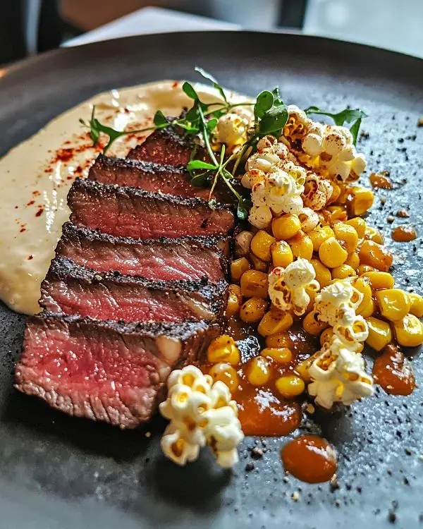 Tataki de Bœuf et Crème de Maïs Brûlé 3 Tataki de Bœuf, Crème de Maïs Brûlé & Popcorn au Piment Fumé