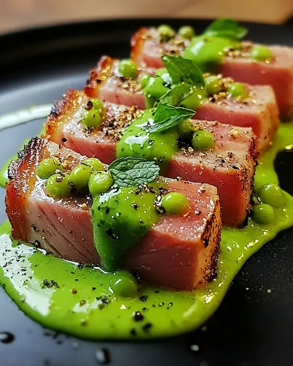 Tataki de Thon Crème de Petits Pois Fondant 3 Tataki de Thon, Crème de Petits Pois à la Menthe & Crumble de Chorizo