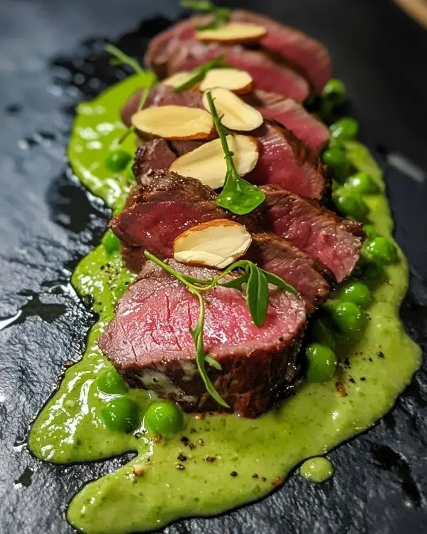 Tataki de Veau au Wasabi 4 Tataki de Veau, Crème de Petits Pois au Wasabi & Éclats d'Amandes