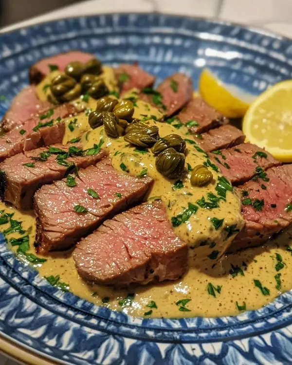 Tataki de Veau Sauce Vitello Tonnato & Câpres Frites 2 Tataki de Veau, Sauce Vitello Tonnato & Câpres Frites