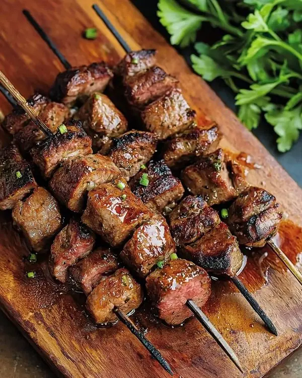 Recette Brochettes de Bœuf Mariné Parfumée 4 brochettes de bœuf mariné à l'ail