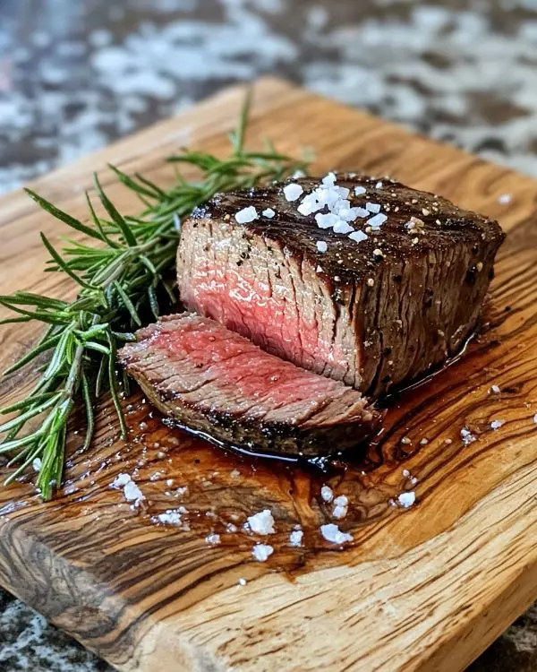Faux-Filet, Bavette, Hampe: Mes 3 Morceaux de Bœuf 2 Steak de faux-filet saisi à la poêle, tranché et servi sur une planche en bois avec romarin frais et fleur de sel.