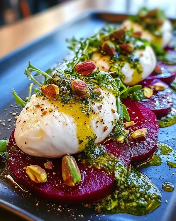 Burrata sur Carpaccio de Betterave, Vinaigrette à l’Orange Sanguine & Pesto Roquette-Pistache