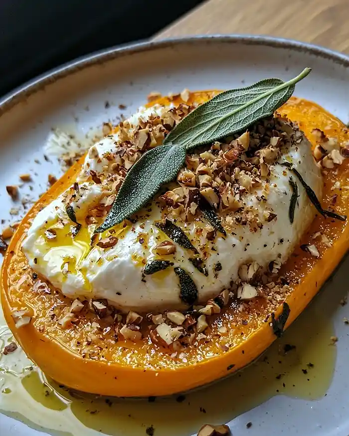 Burrata sur Courge Butternut Rôtie au Miel Pimenté & Crumble de Sauge-Noisettes