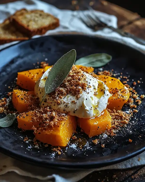 Burrata sur Courge Butternut Rôtie, la Sauge, Sirop d’Érable, Crumble de Pain d’Épices Salé