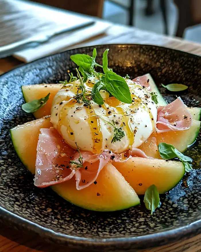 Burrata sur Melon Grillé au Jambon de Parme & Sirop de Verveine