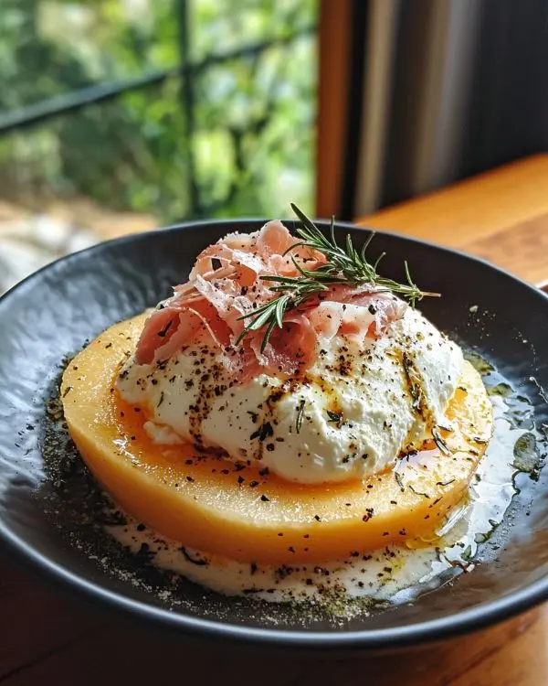 Burrata sur Melon Grillé au Romarin & Copeaux de Jambon Cru