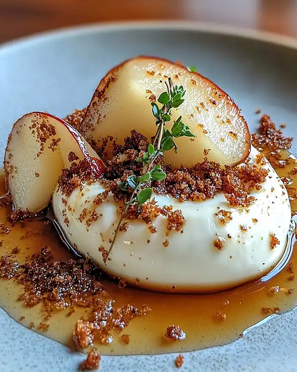 Burrata sur Poires Rôties au Sirop d’Érable 3 Burrata sur Poires Rôties au Sirop d'Érable & Crumble de Spéculoos Salé