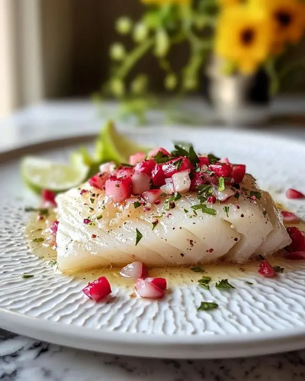 Carpaccio de Loup de Mer sublimé par une vinaigrette aux litchis et gingembre frais