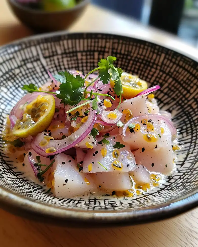 Ceviche de Daurade au Lait de Tigre 3 Ceviche de Daurade au Lait de Tigre Coco-Passion, Oignons Pickles & Sésame Grillé