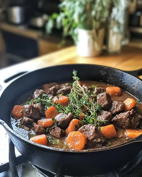Cocotte de bœuf mijoté avec carottes et herbes, cuisine rustique éclairée naturellement, photo amateur réaliste.
