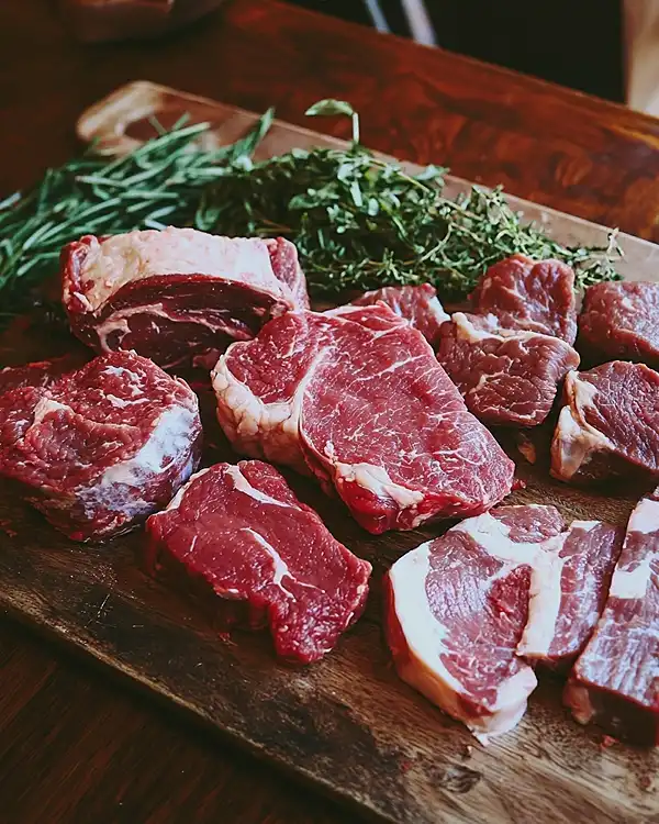 Différents morceaux de bœuf crus sur une planche de boucher — filet, bavette, paleron, jarret — photo réaliste prise au téléphone.