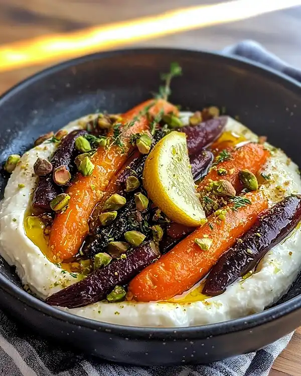 Feta Fouettée au Citron Confit, Carottes Rôties au Cumin & Pistaches