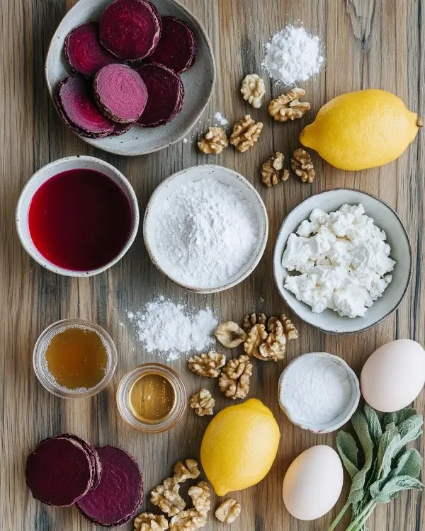 Les ingrédients pour Macaron Salé Betterave & Chèvre Frais aux Noix