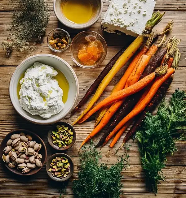 Les ingrédients pour la Recette Feta Fouettée au Citron Confit, Carottes Rôties au Cumin & Pistaches