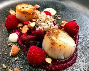 Noix de Saint-Jacques Snackées avec Mousseline de Betterave