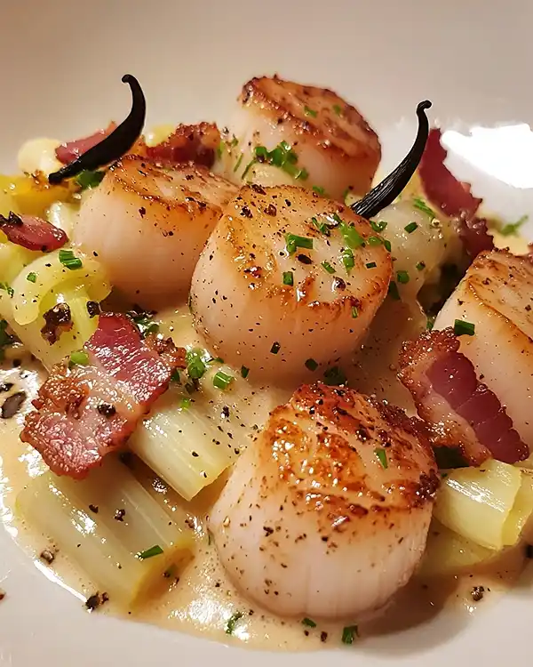 Noix de Saint-Jacques snackées avec fondue de poireaux à la vanille
