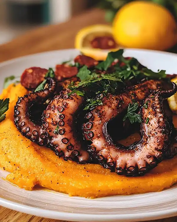 Poulpe grillé purée de patate douce au paprika fumé et chips de chorizo