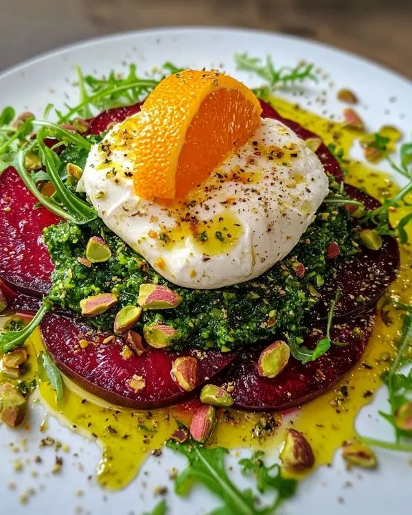 Recette Burrata sur Carpaccio de Betterave, Vinaigrette à l’Orange Sanguine & Pesto Roquette-Pistache