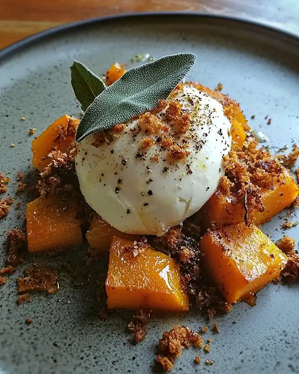 Recette Burrata sur Courge Butternut Rôtie
