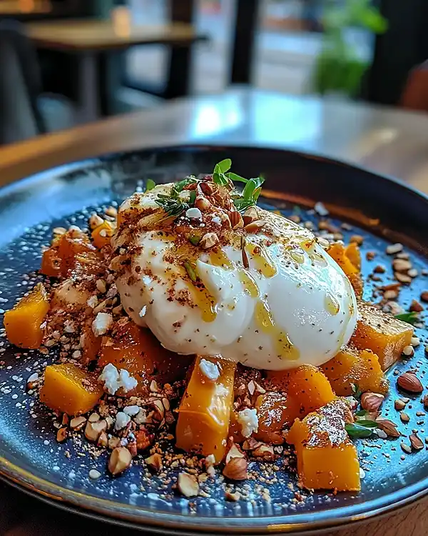 Recette Burrata sur Courge Butternut Rôtie au miel pimenté & crumble de noisettes