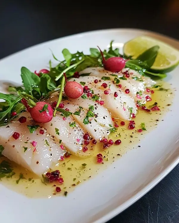 Recette Carpaccio de Loup de Mer sublimé par une vinaigrette aux litchis et gingembre frais
