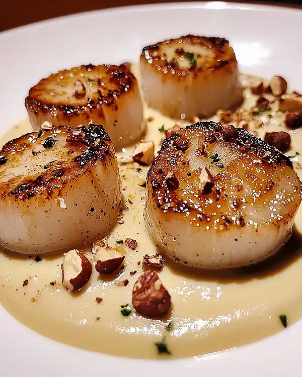 Recette Noix de Saint-Jacques Snackées sur velouté de topinambour à la noisette
