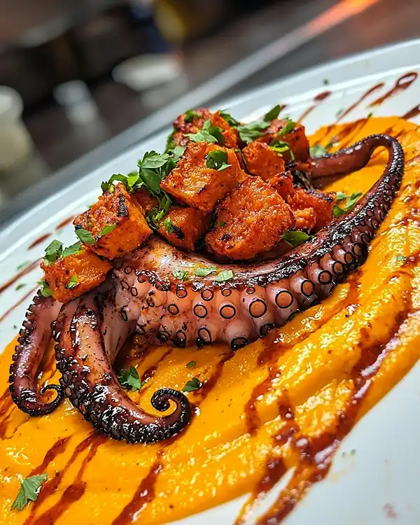 Recette Poulpe grillé purée de patate douce au paprika fumé et chips de chorizo