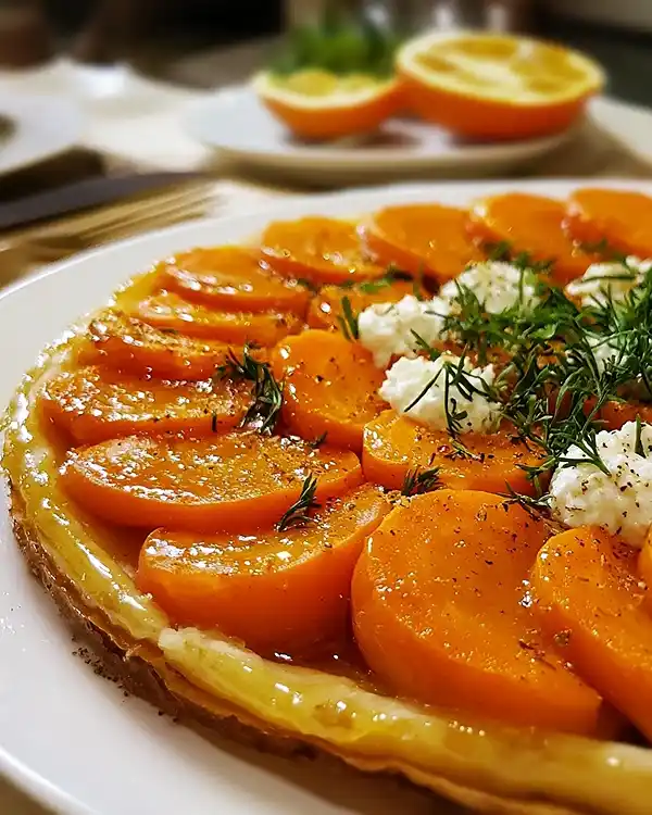 Tarte Tatin de Carottes Glacées au Cumin 3 Recette Tarte Tatin de Carottes Glacées au Cumin, Semoule aux Agrumes & Chèvre Frais
