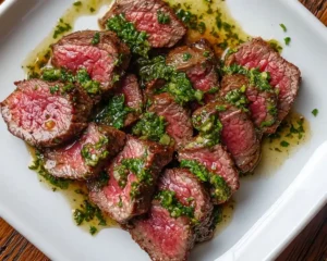 Recettes de bœuf rapides tataki maison avec sauce chimichurri photographié sur table de cuisine