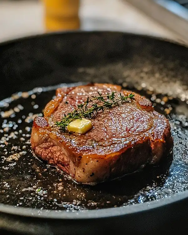 Steak de bœuf en train de griller à la poêle, croûte dorée et herbes — photo maison naturelle sans vapeur.