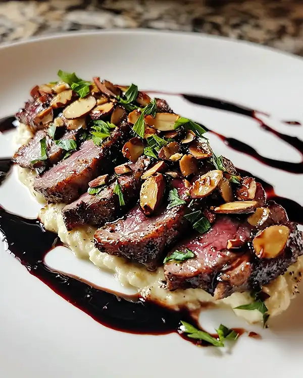 Tataki de Canard Laqué à la Cerise 4 Tataki de Canard Laqué à la Cerise, purée de céleri veloutée et amandes grillées