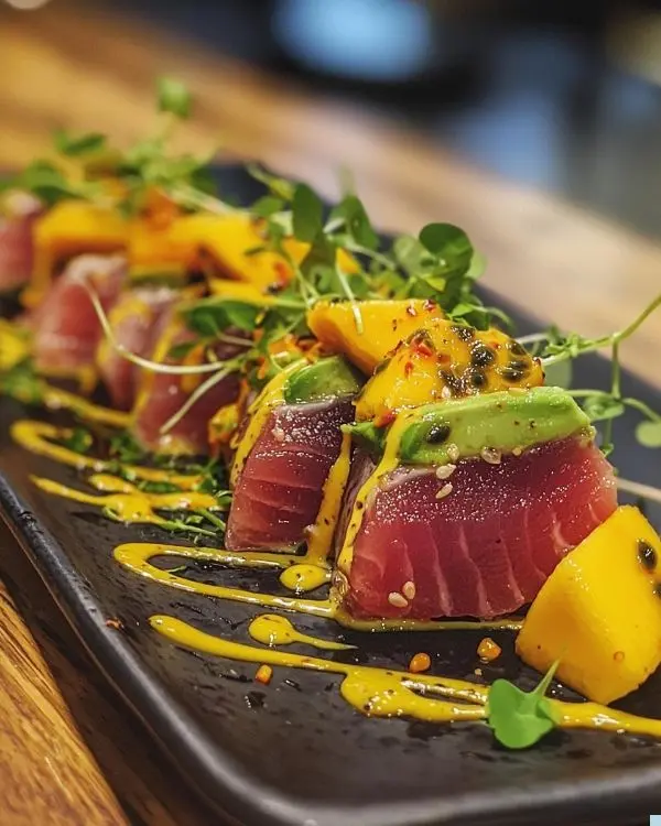 Tataki de Thon Rouge, Crème d'Avocat au Wasabi & Vierge Mangue-Passion