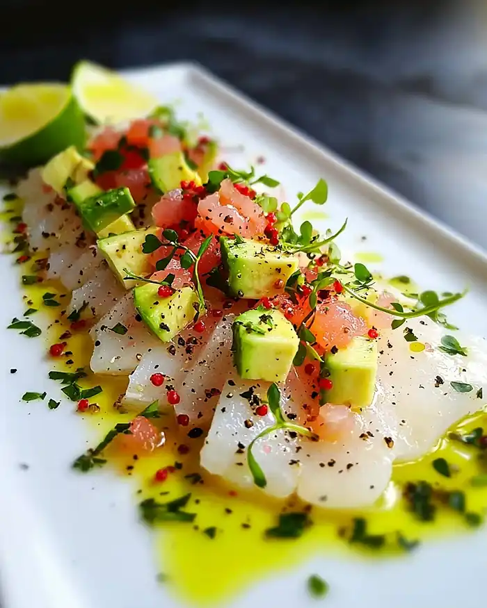 Carpaccio de Daurade à la Vinaigrette Litchi-Rose ou Pamplemousse 5 Carpaccio de Daurade, Vinaigrette Pamplemousse Rose, Avocat & Baies Roses