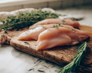 Différents morceaux de blanc de poulet (filets et aiguillettes) disposés sur une planche à découper en bois dans une cuisine familiale