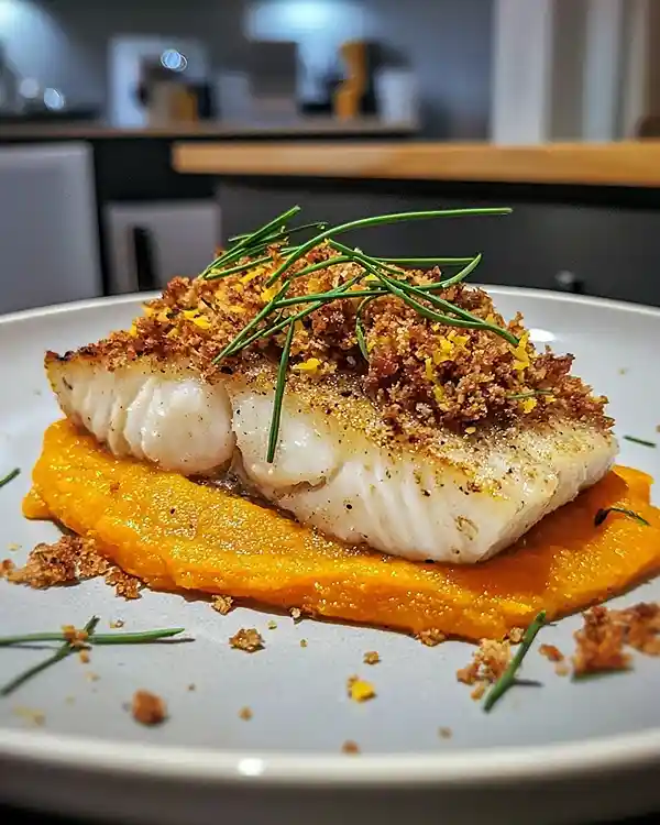Dos de Cabillaud en Croûte de Chorizo, Mousseline de Butternut & Émulsion Coco