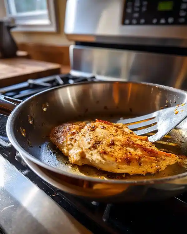 Filet de poulet en train de dorer dans une poêle chaude avec une belle coloration dorée, cuisson maison à la poêle