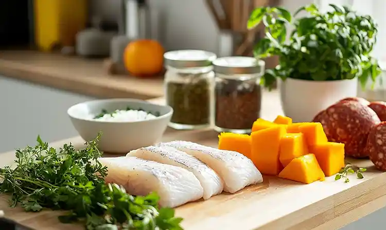 Les ingrédients pour Dos de Cabillaud en Croûte de Chorizo, Mousseline de Butternut & Émulsion Coco