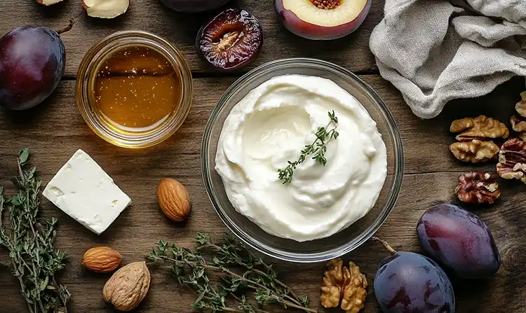 Feta Fouettée Prunes Rôties au Thym & Miel 3 Les ingrédients pour Feta Fouettée, Prunes Rôties au Thym & Miel